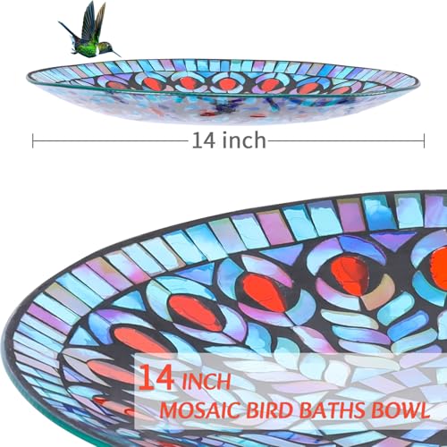 Mosaic Glass Bird Baths with Metal Stand for Garden Decor