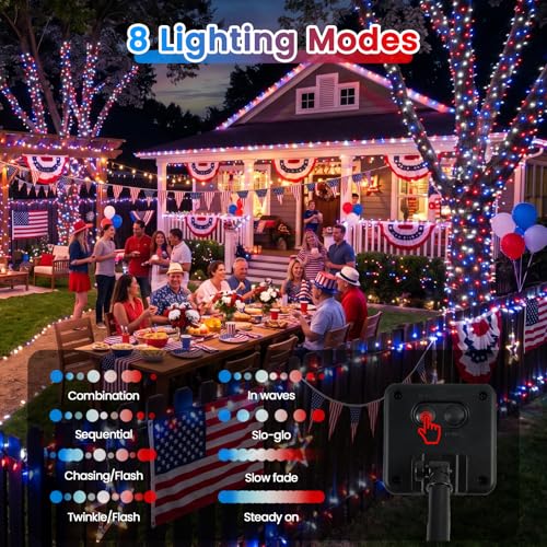 2pack 500LED Solar String Lights Outdoor Waterproof Red White Blue (Red White Blue / 2PK-500LED)