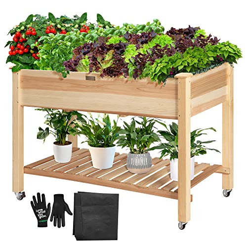 Raised Garden Bed with Legs & Wheels Outdoor Wood 46x24x32 Mobile