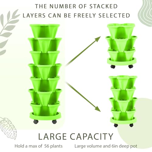 2 Set Light Green 7 Tier Vertical Planter Stackable Tower Planters Strawberry Herb Flower and Vegetable Pots Indoor Outdoor Gardening Pots with Removable Wheels and Tools (2 Count)