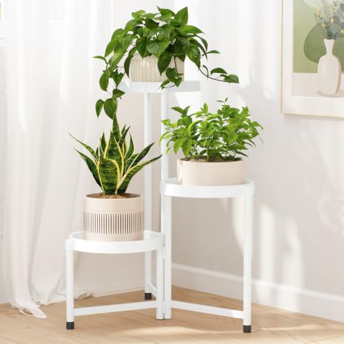 Plant Stand Indoor Outdoor with Large 10 Inch Plastic Tray (White with Large Tray / 3 Tier)