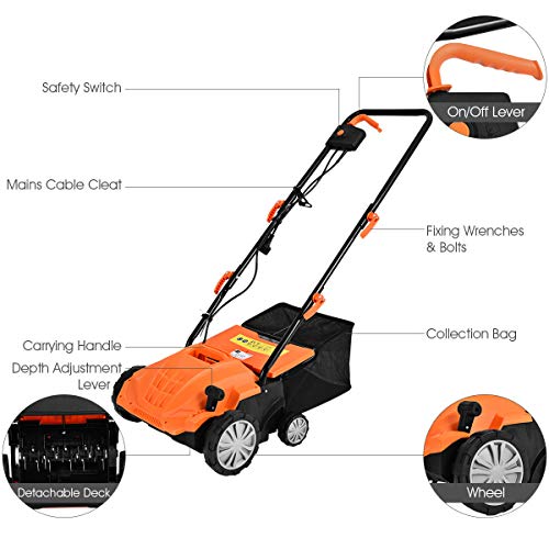 2-in-1 Lawn Dethatcher and Scarifier, 3 Level Depth Adjustable Weeder w/ 11 Gallon Collection Bag & 2 Removable Blades, 13-Inch 12 Amp Corded Electric Scarifier for Garden & Yard