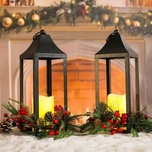 Black Metal Christmas Lantern with Flameless LED Candle Holiday Decor
