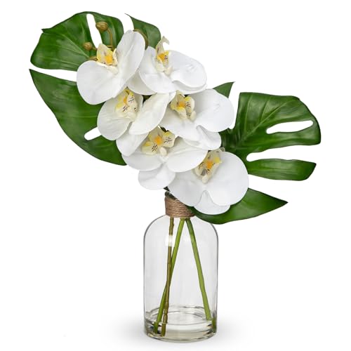 Artificial Monstera Plant and Fake Orchid in Glass Vase