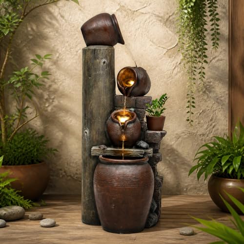 AUTODAYA 40" Overszied Outdoor Water Fountain LED Cascading Waterfall 4 (39.5"h Antique Terracotta)