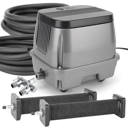 All-in-1 Koi Pond Aeration Kit Pond Air Pump with Self-Sinking Airline Rubber Air Diffuser, Air Flow Control Pond Aerator for Outdoor Pond 10,000-15,000 Gallons