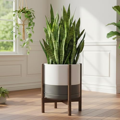 Ceramic Pot with Walnut Wood Stand (14 Inch / White/Grey Pot + Walnut Color Stand)