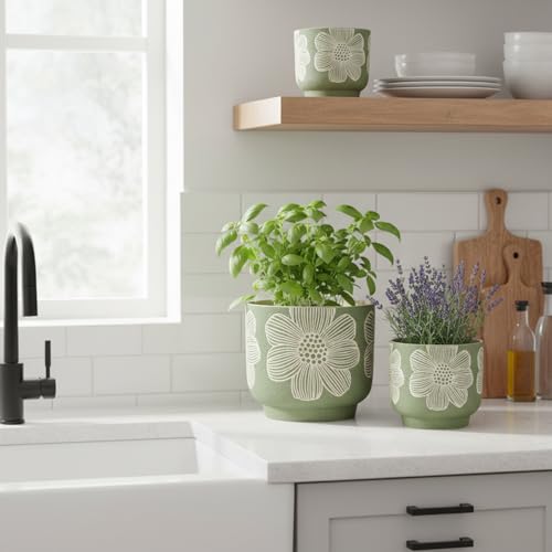 6 Inch Ceramic Plant Pots with Drainage Holes for Indoor Plants (6 Inch - 1 Pack / Modern Green Floral)
