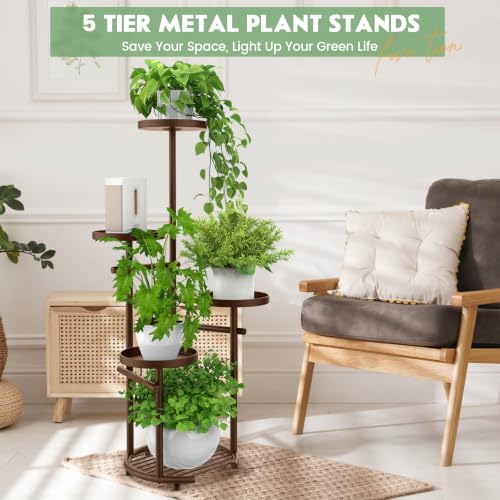 Tall 5 Tier Round Metal Corner Plant Stand Indoor (Brown / 5-Tier Round Base)