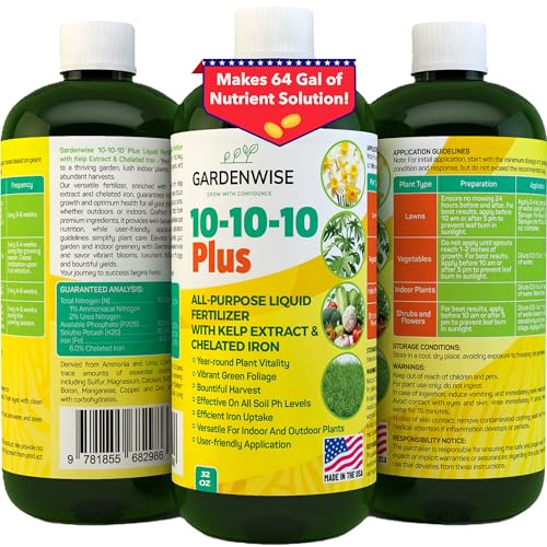 10-10-10 All Purpose Plant Food - Liquid Fertilizer with Seaweed Kelp & Iron - Indoor & Outdoor Plant Food, Vegetables, Flowers, Lawn & Garden 1x32oz (32 Ounce)
