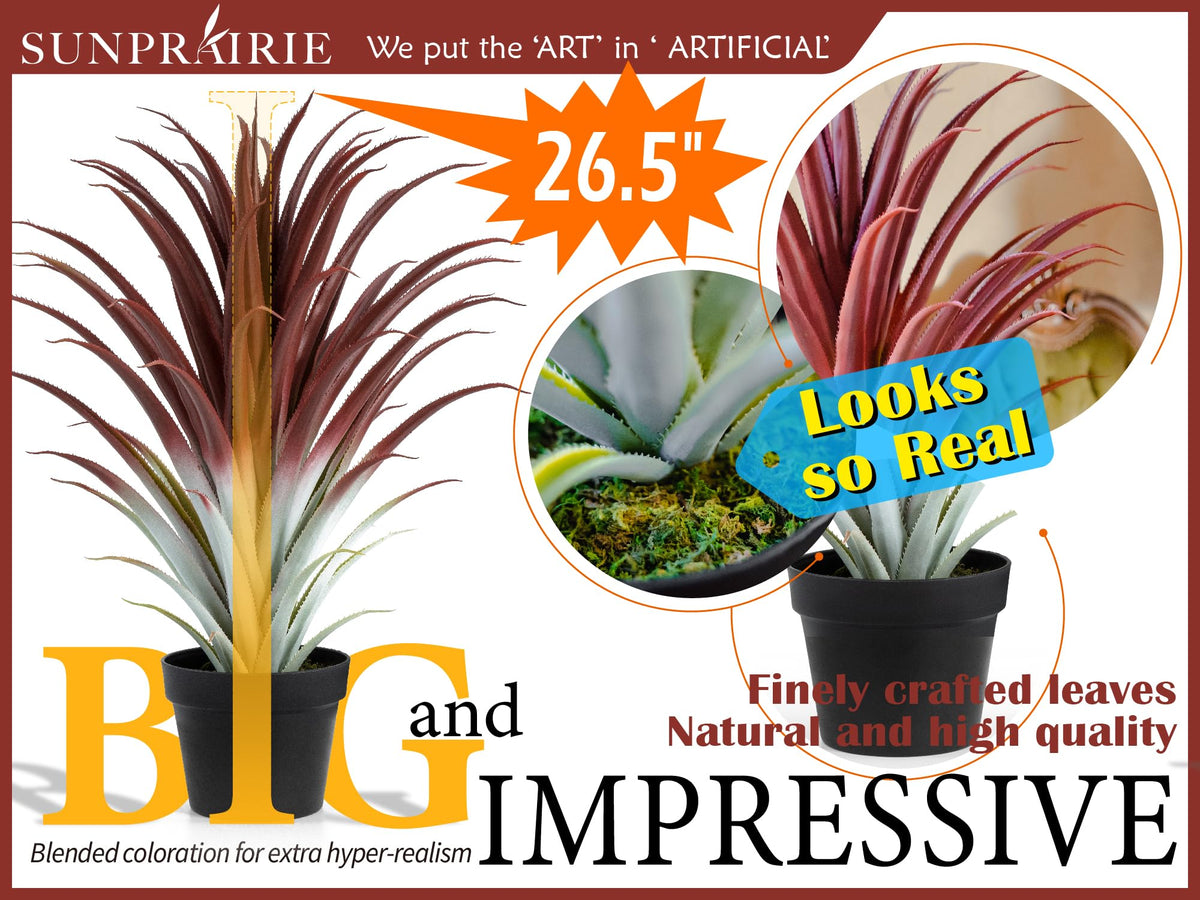 Hyper Realistic Big Red Artificial Aloe Vera Plant 26 Inches Tall. Large Faux Agave in Matte Black Pot