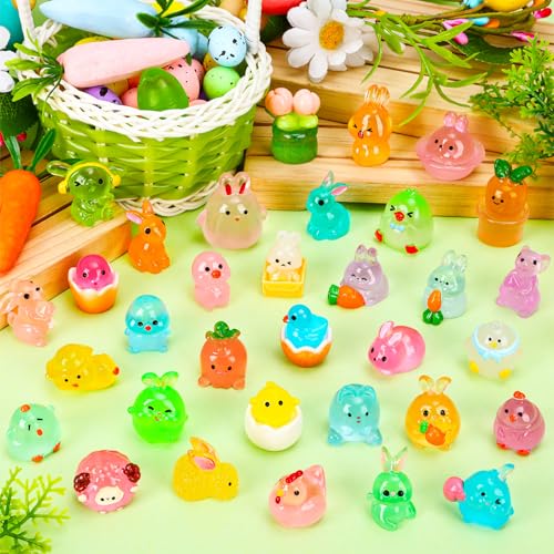 56 Pcs Easter Luminous Mini Resin Figurines 56 Style Glow in The Dark Little Small Resin Miniatures to Hide Bulk Bunny Chick Figures for Easter Party Favors Egg Fillers Micro Garden Landscape Decor (56Pcs-Luminous Easter)