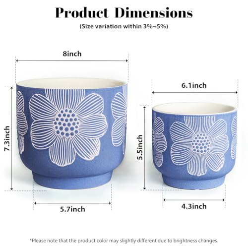 Ceramic Plant Pots (8+6 Inch / Modern Matte Blue Floral)