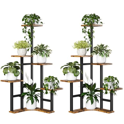 Corner Plant Stand Indoor Set of 2 (Rustic Brown / 6 Tier-Square-Set of 2)