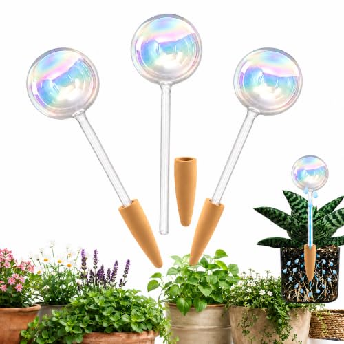 Non Clogging Iridescent Ball Plant Watering Globes with Terracotta Spikes (3 Iridescent Balls)