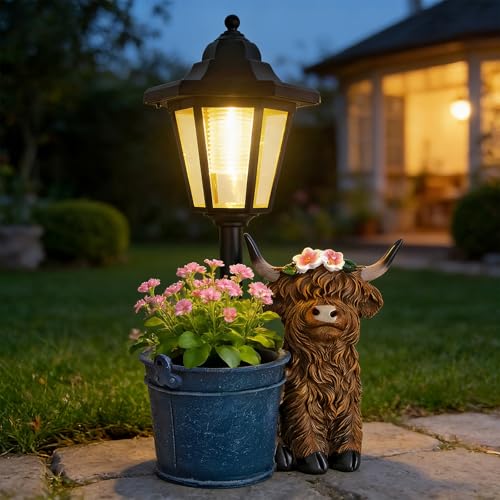 Solar Highland Cow Outdoor Statue