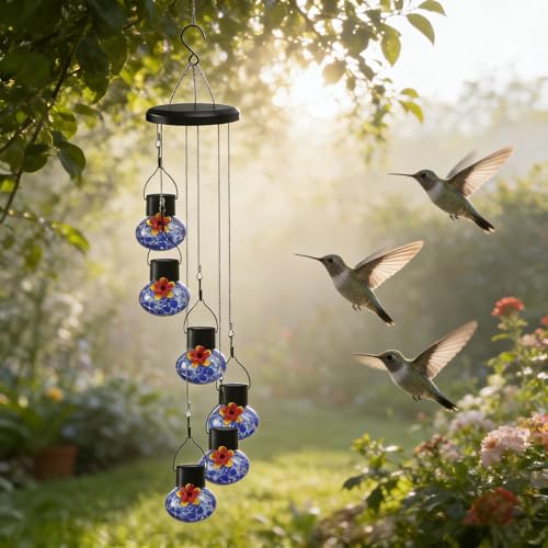 Solar Powered Hummingbird Feeder with Wind Chime Elegance (ocean)