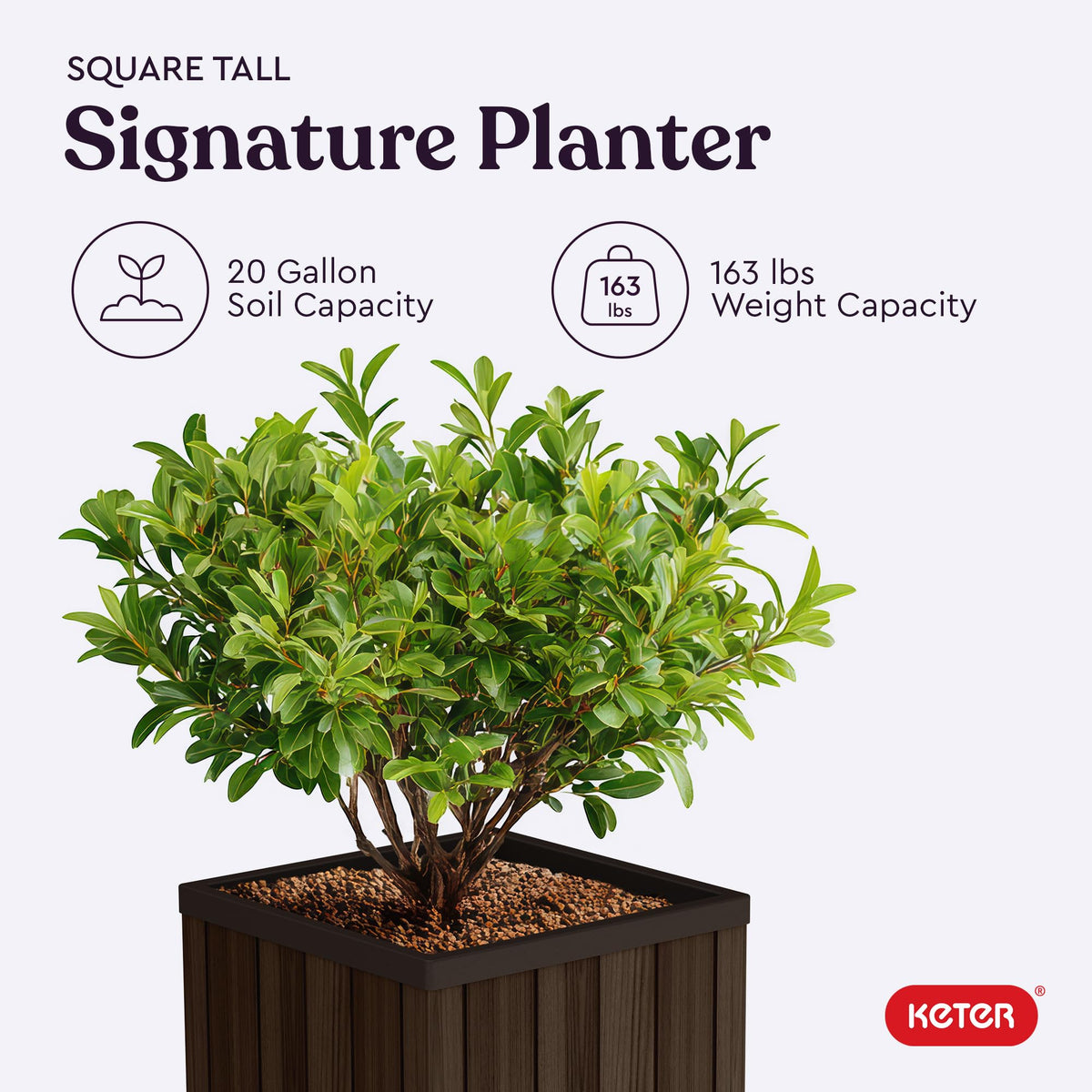 Signature 21.6 Inch Tall Square Large Wood Look Planter for Indoor or Outdoor Flower Pot Ideal for Patio Deck and Front Porch Decor