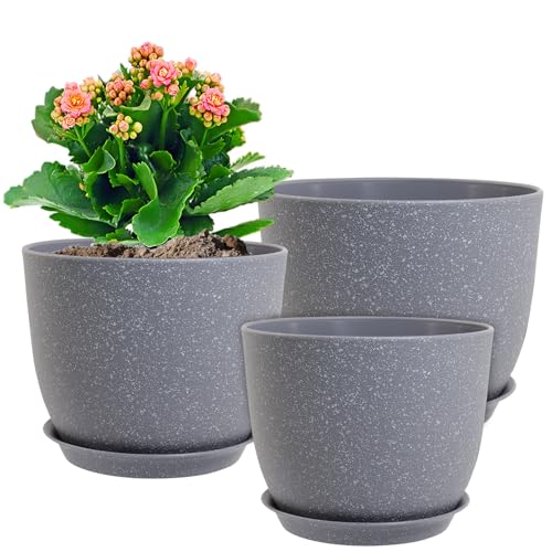 10/9/8 inch Plant Pots, Set of 3 Modern Decorative Plastic Planters with Drainage Holes and Saucers for Garden House Plants, Flower Pots for Indoor Outdoor Plants, Speckled Grey (3 Count)