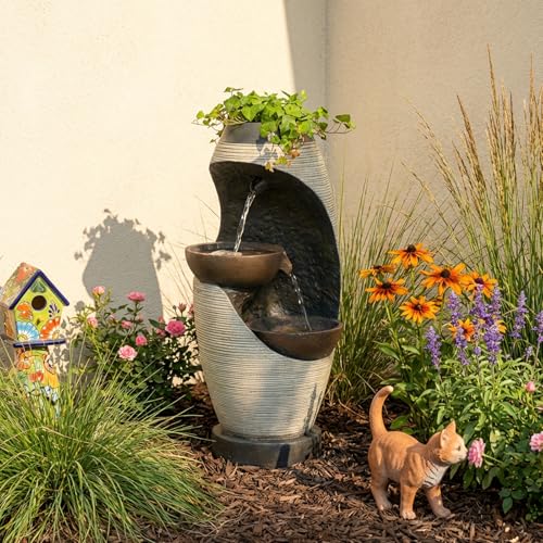 2 Tier Bowl Water Fountain with LED Lights (Beige-27.95")