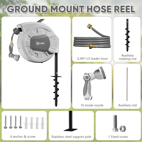 Automatic Retractable Garden Hose Reel on Metal Spike (Light Grey / 1/2" x 90FT)