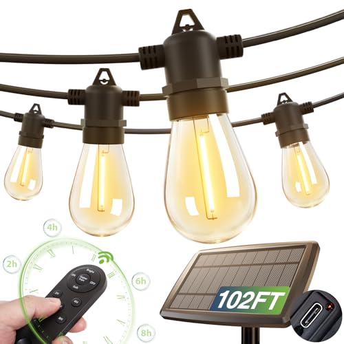 102FT(96+6) Solar String Lights Outdoor, Last 20+ Hrs, USB Charging (96 Foot)