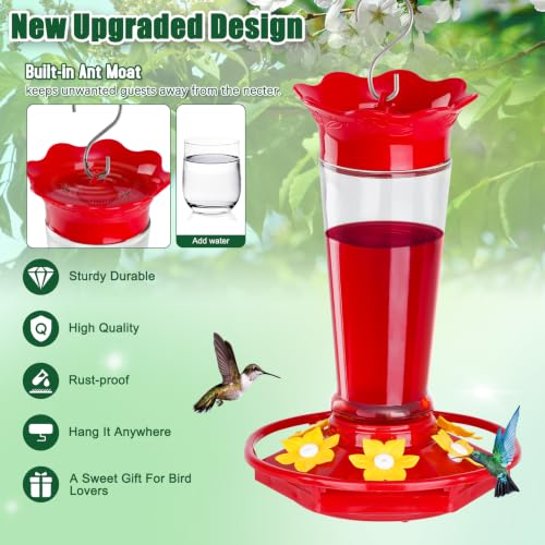Glass Hummingbird Feeders for Outdoors Hanging Ant and Bee Proof Clear 10 OZ 2 Pack Bird Feeders for Outside Hanging 6 Feeding Stations Bird Nectar Feeder for Garden Yard Décor Gifts for Mom (20 Fl Oz)