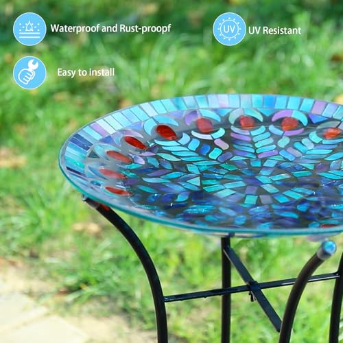 Mosaic Glass Bird Baths with Metal Stand for Garden Decor