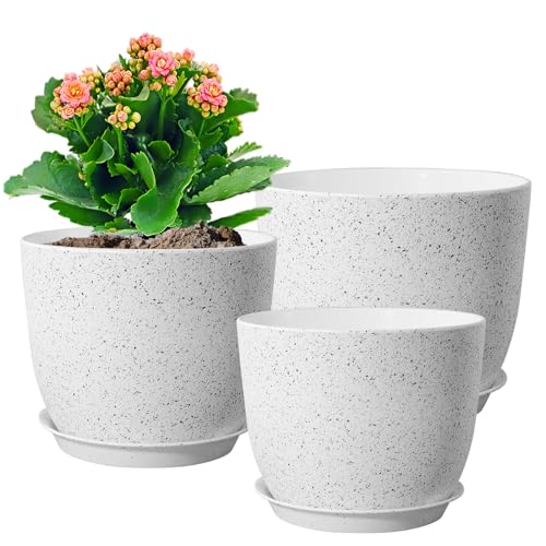 10/9/8 inch Medium Plant Pots, Set of 3 Modern Decorative Plastic Planters with Drainage Holes and Saucers for Garden House Plants, Flower Pots for Indoor Outdoor Plants, Speckled White (3 Count)