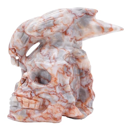 Natural Red Grid Crystal Skull and Crow Head Hand Carved Reiki Healing Stone Statue Healing Home Office Art Room Decoration (Red Grid Stone / 3inch)