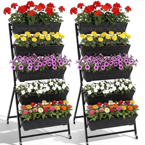 2 Pack 5 Tier Vertical Garden Planter with Wheels 4.5 ft Raised Garden Bed for Strawberry Herb Vegetable Flower Stackable Planter Boxes with Drainage for Patio Indoor Outdoor (14 Count)