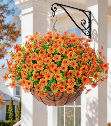 Artificial Fake Fall Hanging Plants Flowers Basket for Outdoor Decor (Orange)