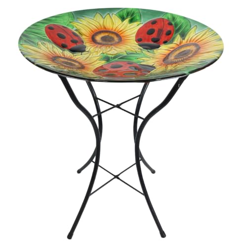 Summer Glass Birdbath Including Metal Stand Ladybugs and Sunflowers For Summer Birdbath