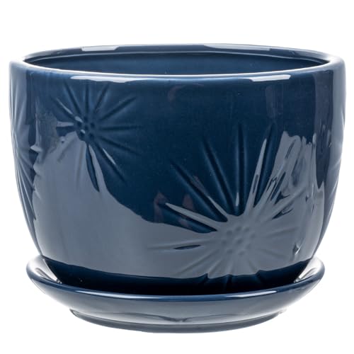 7 Inch Round Blue Ceramic Plant Pot with Drainage Hole and Attached Saucer (Blue)
