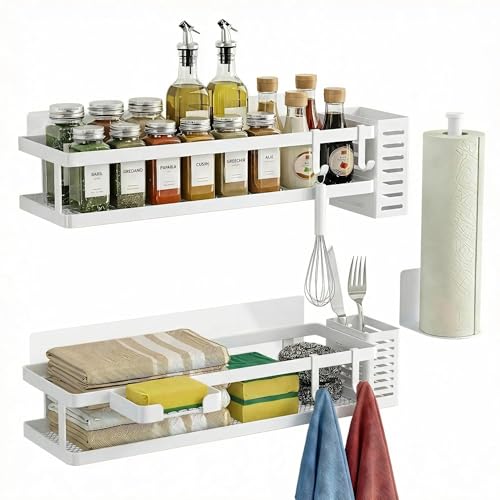 5-in-1 16.5" Extra Long Kitchen Organizer & Shower Caddy Set, Wall Mount Spice Rack with Paper Towel Holder, Utensil Holder & Soap Dish, Rustproof Mesh - White, Guardrail (White / 5-in-1 Minimalist (16.5" Extra Long))