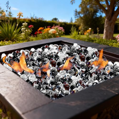 Blended Fire Glass Diamonds for Fire Pit Fireplace (Diamond 20LB / Crystal Ice +Onyx Black + Amber)