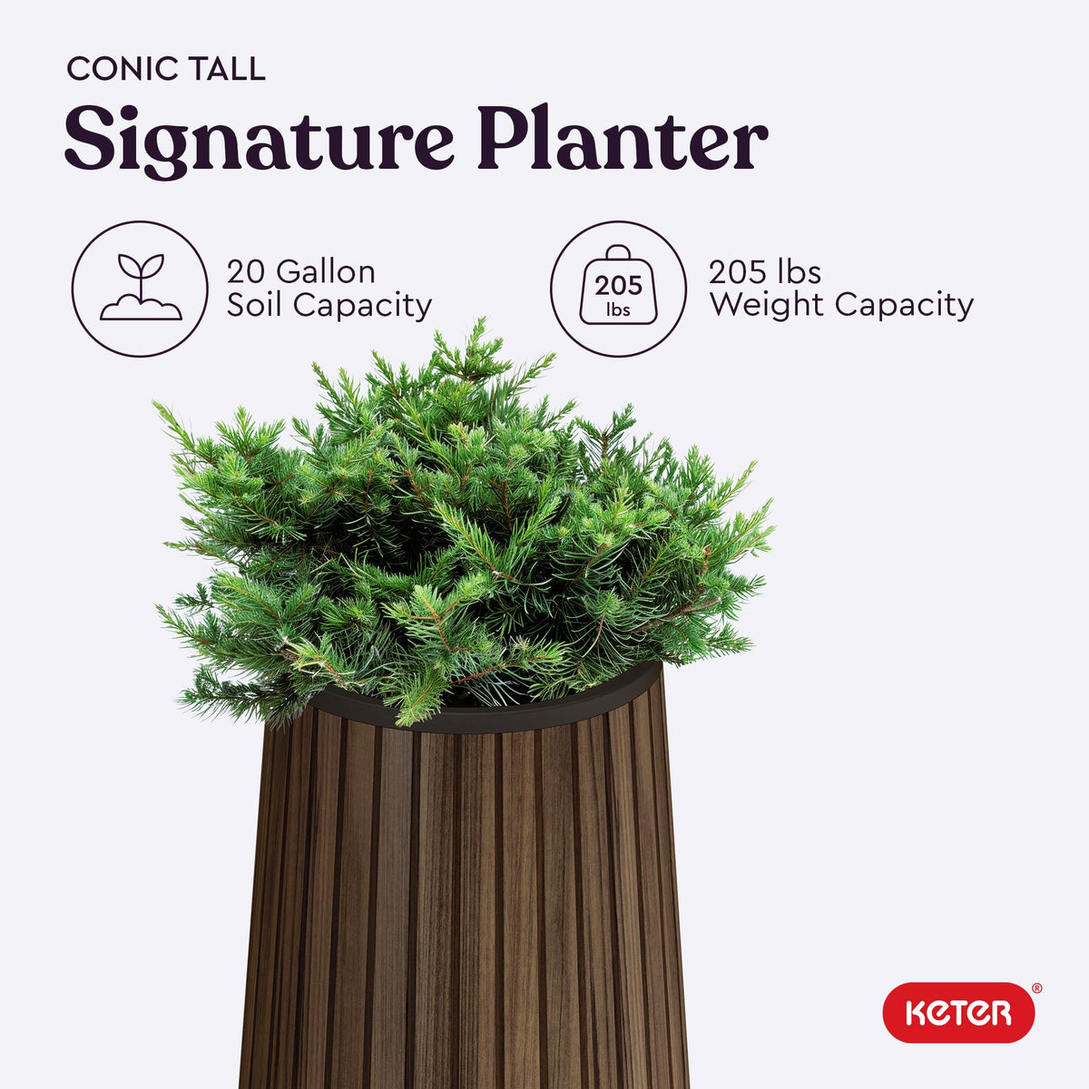 Signature Conic 28.5 Inch Tall Round Large Wood Look Planter for Indoor or Outdoor Flower Pot Ideal for Patio Deck and Front Porch Decor