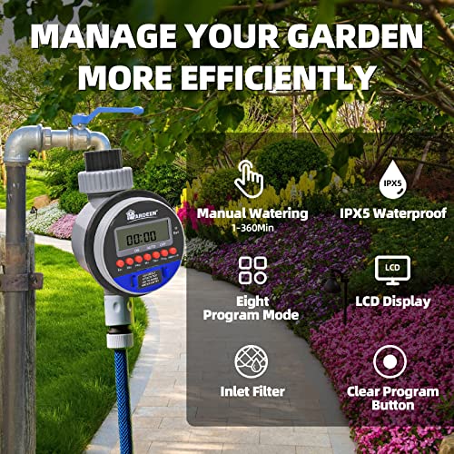 Water Timer Garden Irrigation Controller with 8 Programs for Lawn (1 Outlet Electronic Timer)