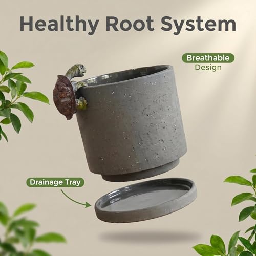 Ceramic Plant Pot with Resin Figure for Idoor Plants (Charcoal Gray+rt / 5.7 Inch)