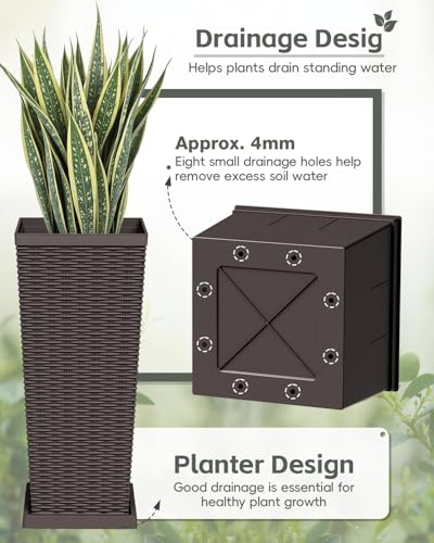 Set of 2 Tall Plastic Planters with Saucer