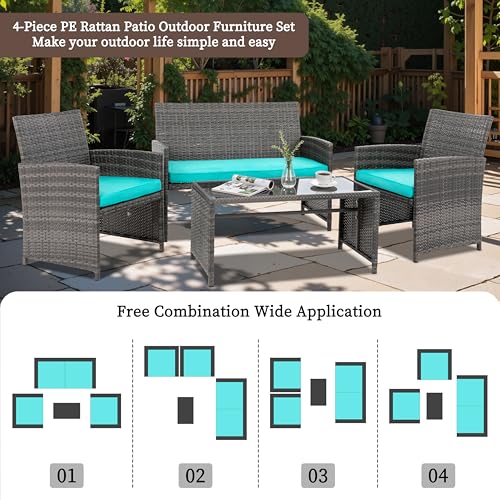 4 Piece Patio Ratten Set Outdoor Furniture Set Wicker Conversation Sets with Cushions and Tempered Glass Tabletop