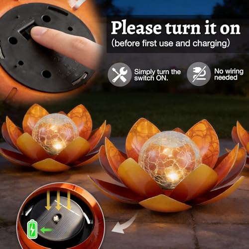 Solar Lights Outdoor Garden Decoration Crackle Globe Glass Waterproof LED Metal Orange Lotus Flowers Gift for Mom (Dazzling Blue)