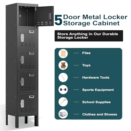 Metal Lockers (Black / 5 Door-(66.15" H x 11.8" W x 11.8" D))