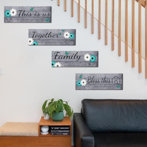 4 Pcs Farmhouse Wall Decor with Teal Butterflies & Daisies (Grey Teal)