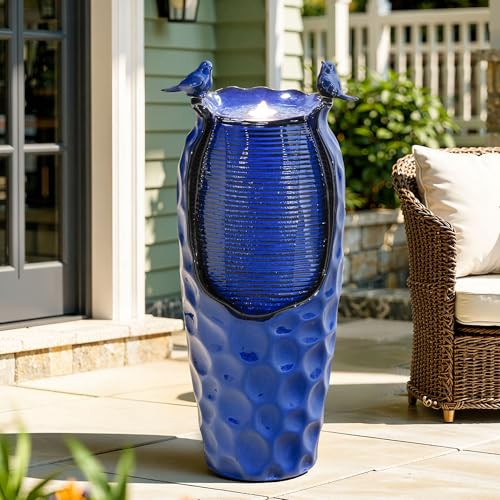 Autodaya 33" Vase Ceramic Outdoor Water Fountain with Lights and Birds (33"h-hammered Cobalt Blue)