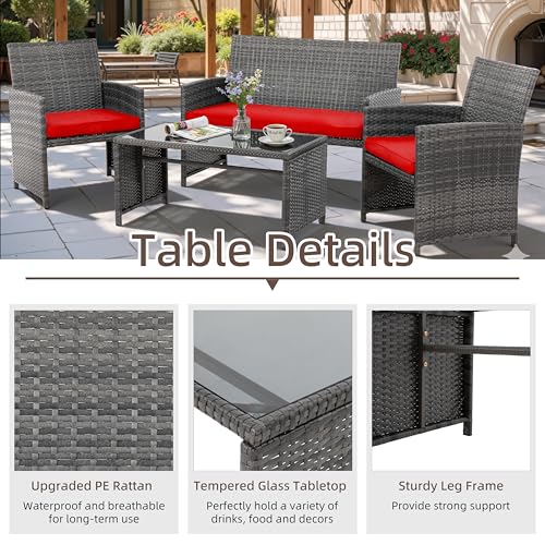 4 Piece Patio Ratten Set Outdoor Furniture Set Wicker Conversation Set with Cushions and Tempered Glass Tabletop (Red)