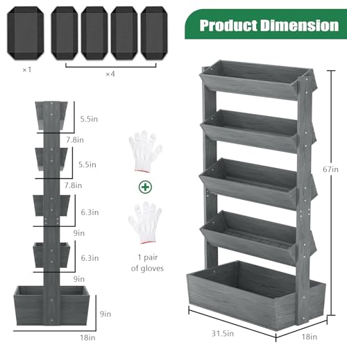 5 Tiers Vertical Raised Garden Bed Outdoor Planter Tower (31.5" x 18" x 67" 5 Tier / Gray-vertical)