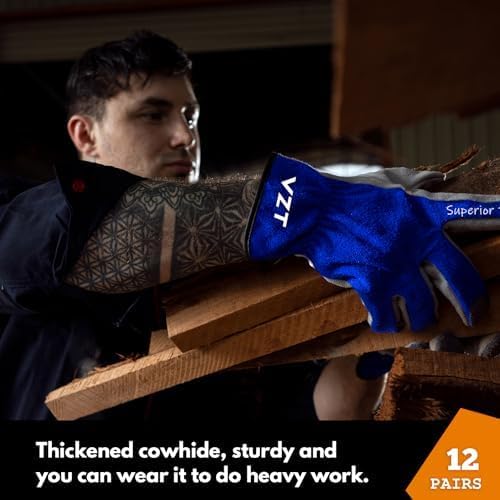 12 Pairs Bulk Leather Work Gloves for Men or Women for Construction (12 Count)