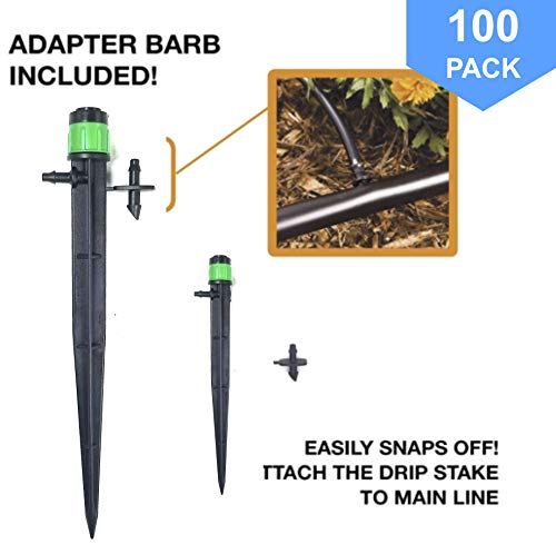 100-PACK) - 1/4" Inch 360 Degree Drip Emitter On 5" Stake Sprayer Adjustable Flow 0-20 GPH, Fits 1/4 (4-6mm) Irrigation Tubing - Micro Bubbler Drippers for Drip Irrigation (100 Pack Dripper on Stake)