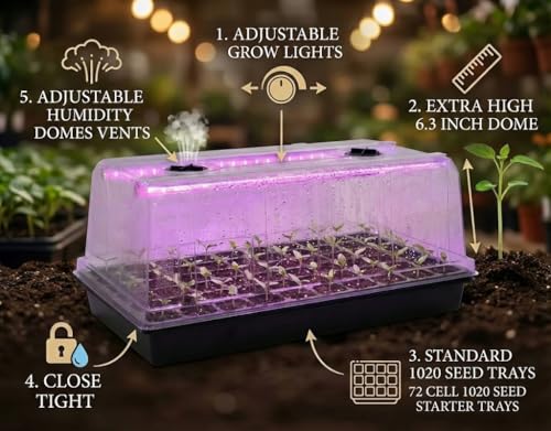 4 Pack 1020 Trays with Grow Light & 72 Cell Plug & 6.3" Tall Humidity Domes (4p 1020Trays+6.3''Domes+72 Plugs+Lights)